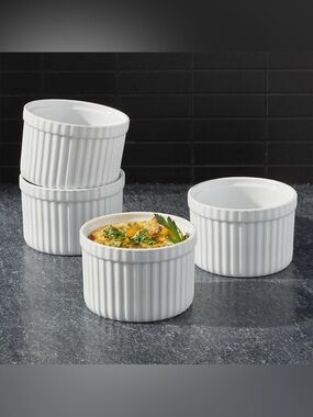 Crate & Barrel White Ribbed Talk Ceramic Ramekins Set of 8
